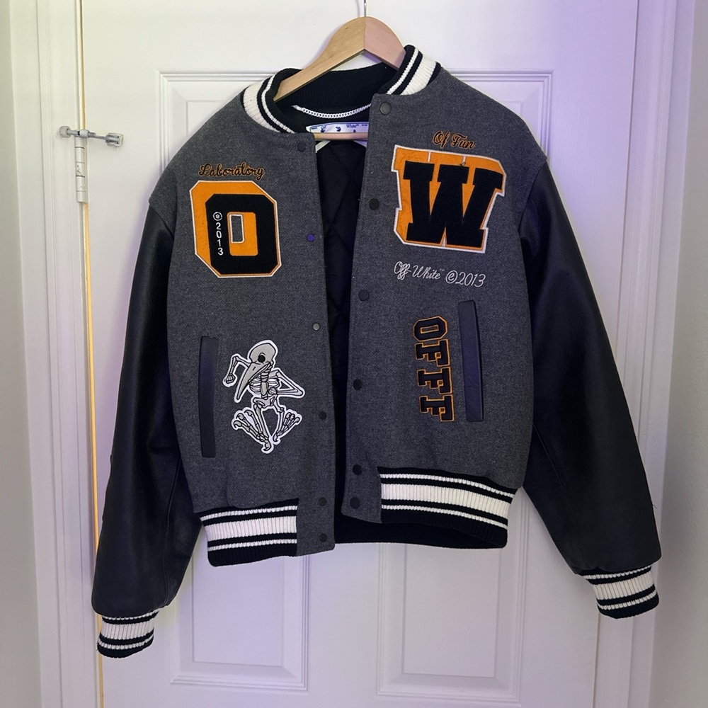 OFF-WHITE Patch Embellished Varsity Bomber Jacket Medium Grey Yellow Black